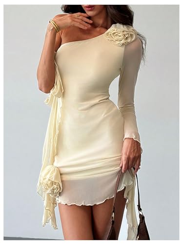 Women's 3D Flower One Shoulder Mesh Mini Dress Long Sleeve Lettuce Trim Floral Dress