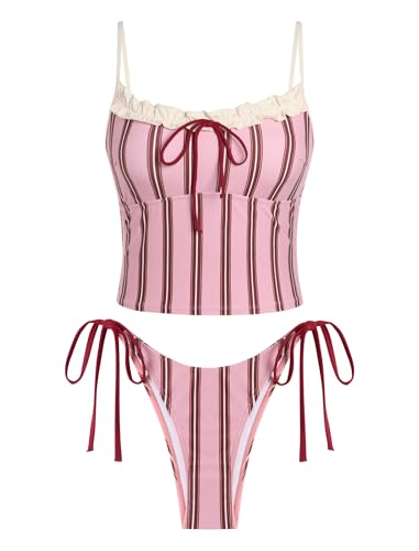 Tankini Swimsuits for Women Tie Front Tummy Control Spliced Ruffles Bikini Sets Two Piece Bathing Suits