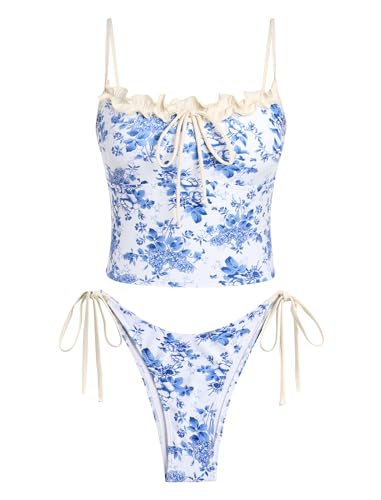 Tankini Swimsuits for Women Tie Front Tummy Control Spliced Ruffles Bikini Sets Two Piece Bathing Suits