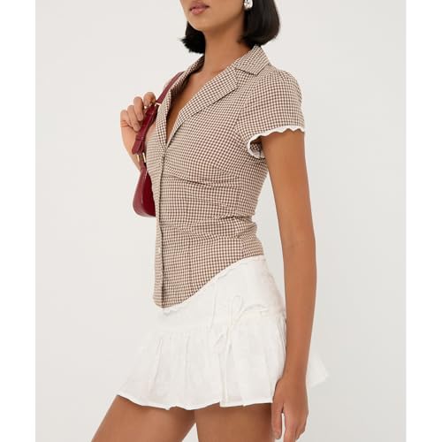 Women Y2k Coquette Button Down Shirt Cute Button Up Cap Sleeve V Neck Preppy Slim Fit Summer 90s Crop Top Blouse