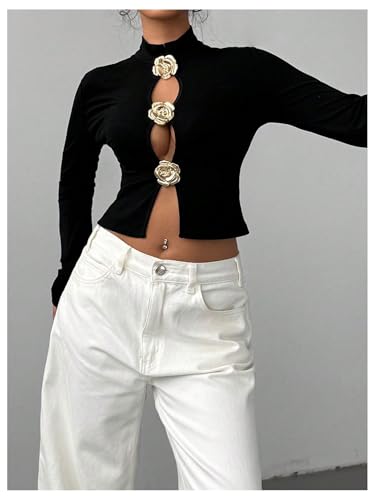 Women's Metallic 3D Floral Cut Out Tee Shirt Long Sleeve Mock Neck Crop Top