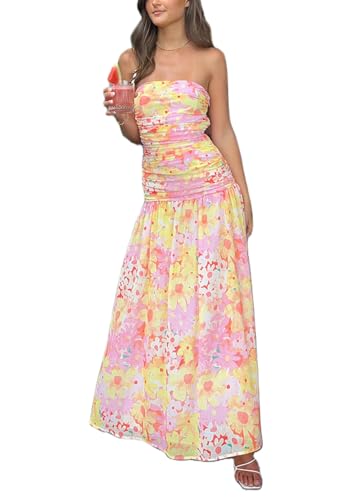 Women Y2k Floral Strapless Dress Sexy Backless Tube Maxi Dress Sleeveless Mesh Bodycon Long Dress