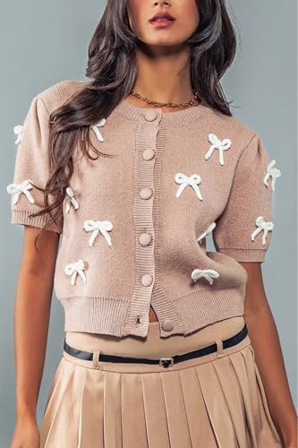 Women Short Sleeve Cardigans Cute Y2k Crop Tops Bow Tie Button Down Knitted Shirts Lightweight Cardigan Sweaters