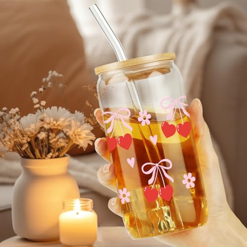 Cherry Bow Cup, Birthday Gifts for Women, Girly Gifts for Her, Sister, Mom, Colleague - 16 OZ Glass Tumbler with Straw & Lid, Coquette Iced Cup