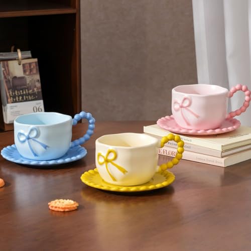 Coquette Bow Coffee Mug Personalized Set with Saucer Mug Porcelain Coffee Tea Cup 12oz