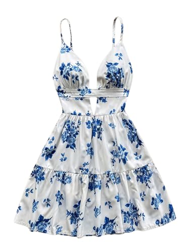 Women's Sleeveless Butterfly Print Cut Out V Neck Tiered Mini Cami Dresses