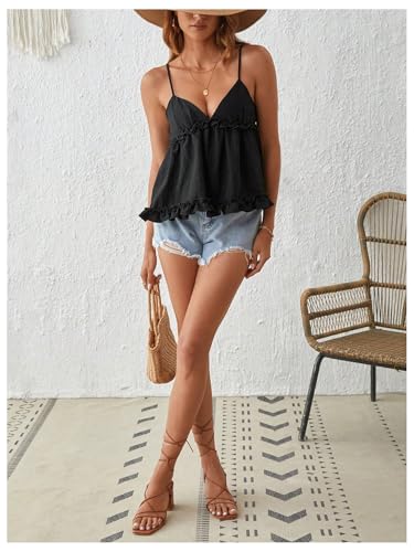 MakeMeChic Women's V Neck Spaghetti Strap Camisole Sleeveless Ruffle Hem Y2K Tank Tops