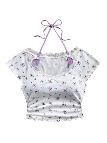 Women's Contrast Lace Halter Neck Lettuce Trim Casual Crop Tee Tops