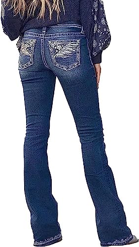 Women Bootcut Jeans, Stretchy Feather Flower Embroidery Mid Rise Slim Straight Leg Pants Jeans