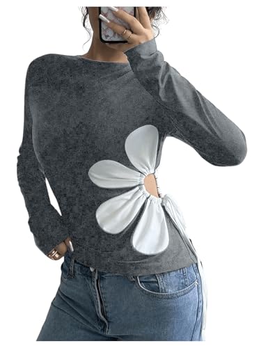 Women's Floral Pattern Hollow Out Tie Side T Shirts Crew Neck Long Sleeve Tee Tops
