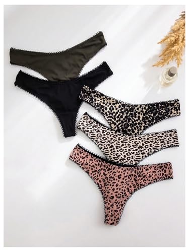 Women's 5 Pack Leopard Print Thongs Low Rise Panties Underwear Sets