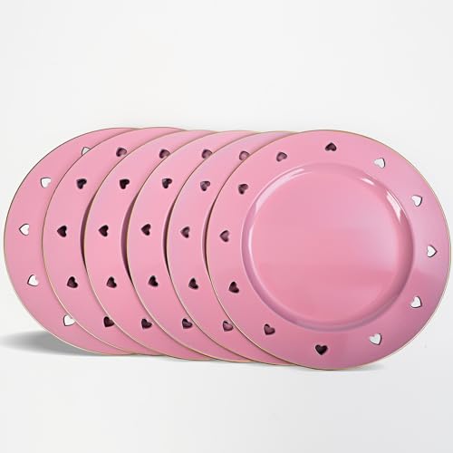 Round 13" Pink Charger Plates, Heart Hollow Chargers for Dinner Plates with Golden Border