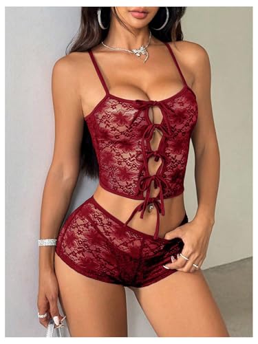 Women's Floral Lace 2 Piece Outfits Tie Front Crop Cami Top with Mini Shorts