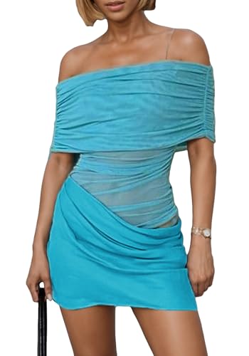 Women's Off The Shoulder Sheer Mesh Mini Dress Ruched Dresses Sexy See Through Y2k Short Dress