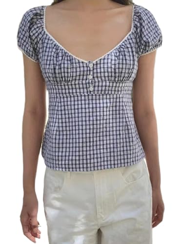 Y2K Short Sleeve Babydoll Tops for Women Cute Aesthetic U Neck Teen Girls Tshirt Ruffle Hem Patchwork Peplum Shirts