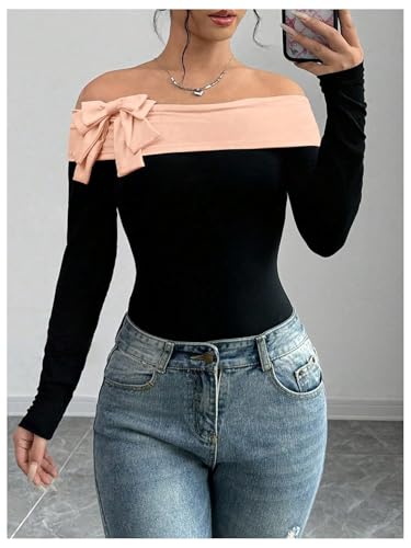 Women's Colorblock Bow Tie Off Shoulder Long Sleeve Bodysuit Elegant Tops