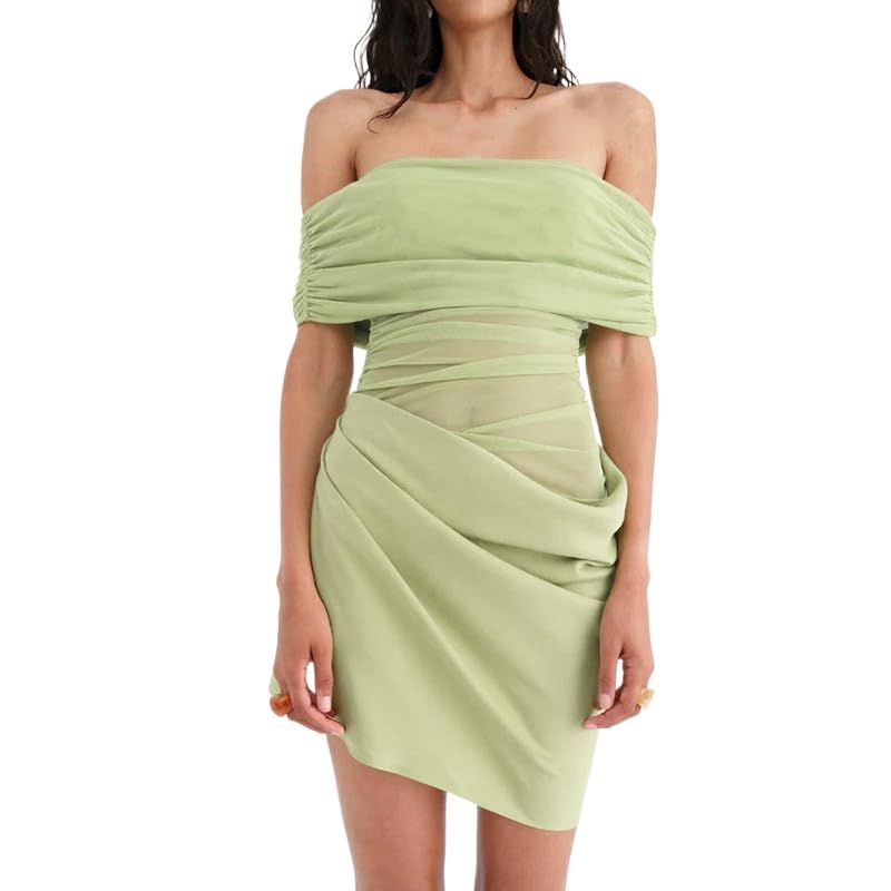 Women Off Shoulder Bodycon Maxi Dress Layered Mesh Ruched Hollow Out Dresses