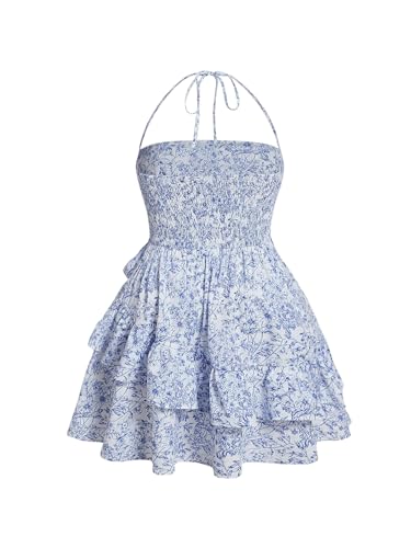 Women's Plus Size Ditsy Floral Print Halter Neck Summer Cami Mini Dress