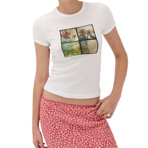 Women Hawaii Baby Tees Y2K Short Sleeve Crewneck Aesthetic Graphic Slim Fit Crop Tops
