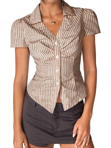 Y2k Fairy Plaid Button Down T Shirts Women Short Sleeve V Neck Aesthetic Tee Shirts Slim Fit Gingham Crop Top