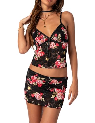 Women Y2K Lace 2 Piece Skirt Set Floral Lace Fitted Crop Cami Top See Through Low Waist Skirt Outfit Streetwear