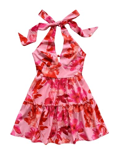 Women's Floral Print Sleeveless Halter Neck Layered Hem A Line Mini Dress