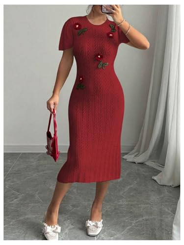 Women's 3D Flower Sweater Dress Crochet Short Sleeve Bodycon Mini Dresses