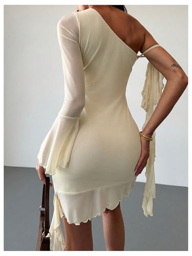 Women's 3D Flower One Shoulder Mesh Mini Dress Long Sleeve Lettuce Trim Floral Dress