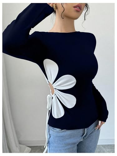 Women's Floral Pattern Hollow Out Tie Side T Shirts Crew Neck Long Sleeve Tee Tops