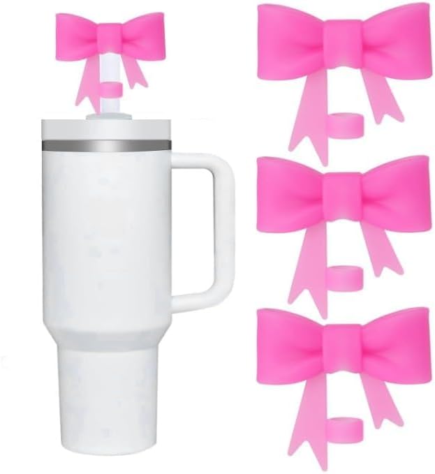 Cute 3Pcs 10mm Bow Straw Covers Cap Toppers Compatible for Stanley 30 & 40 oz Tumbler Cups, Reusable Silicone Straw Topper for Stanley Tumbler, Cup Straws Accessories, Straw Dispensers
