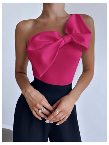 Women's One Shoulder Sleeveless Big Bow Front Elegant Fitted Tank Top Bodysuit