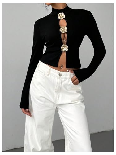 Women's Metallic 3D Floral Cut Out Tee Shirt Long Sleeve Mock Neck Crop Top