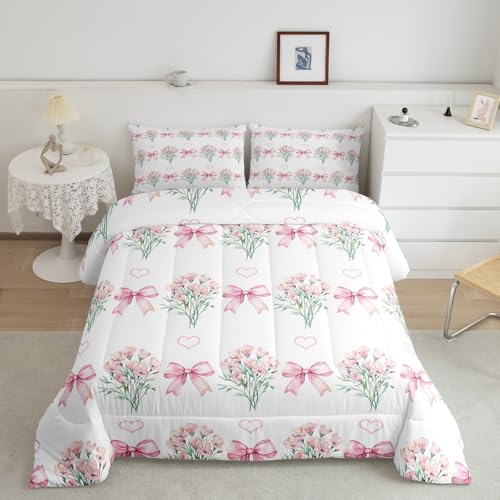 Cartoon Bowknot Comforter Set Pink Bow Tie Butterfly Knot Princess Bedding Set Floral Bow Comforter