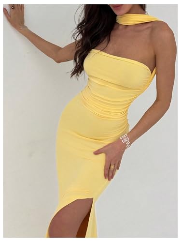 Women's Backless Halter Dress Sexy 3D Floral Ruched Split Thigh Maxi Dresses