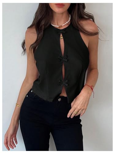 Women's Bow Knot Backless Halter Top Y2k Cut Out Split Hem Sleeveless Tops