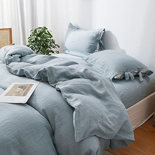 The 100% Linen Duvet Cover Set, 3 Pieces Belgian Flax Breathable Bedding,(1 Comforter Cover+2 Pillowshams) with Tie Closure Style