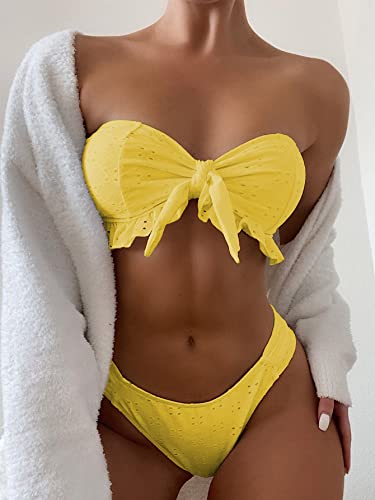 Women's 2 Piece Bathing Suit Ruffle Hem Bandeau Tie Front Bikini Set