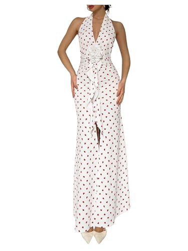 Women's Polka Dots Halter Dress High Split Deep V Neck Backless Bodycon Maxi 3D Flower Dresses