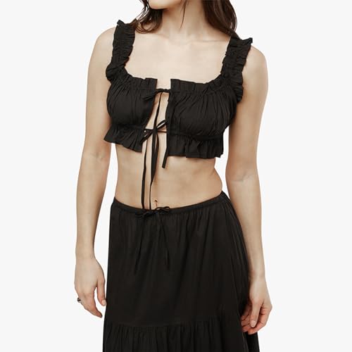 Women 2 Piece Outfits Y2k Sleeveless Lace Trim Cami Tops and Ruffle Ruched Maxi Skirt Matching Set