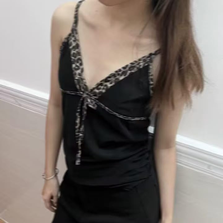 Emo Coquette Cropped Top Grunge 2000s Spaghetti Strap Tops Streetwear Vintage Camisole Y2k Cheetah Tops