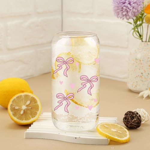 Cherry Bow Cup, Birthday Gifts for Women, Girly Gifts for Her, Sister, Mom, Colleague - 16 OZ Glass Tumbler with Straw & Lid, Coquette Iced Cup