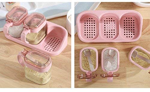 Pink Glass Transparent Spice Jar Seasoning Box Set Kitchen Container Tools Condiment Jars Cruet with Cover and Spoon Kitchen Utensils Supplies Salt Cellar with Lid (with base)