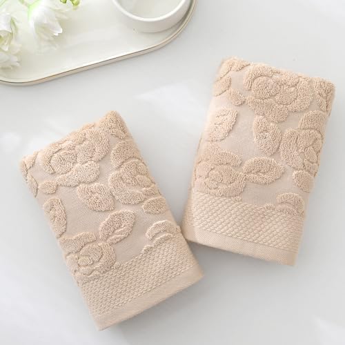Rose Hand Towel Set of 2 Super Soft 100% Cotton Embossed Floral Pattern Highly Absorbent Decorative Bath Hand Towels for Bathroom 13x 29 Inch