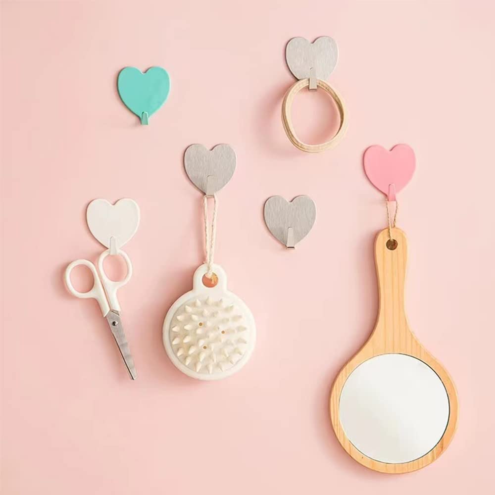 Heart Shaped Decorative Wall Hooks, Stainless Steel Strong Adhesive Wall Hook for Home Kitchen Bathroom Office (6 Pack)
