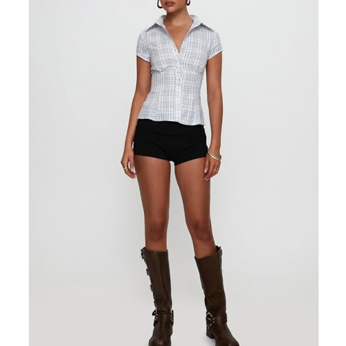 Women Y2k Coquette Button Down Shirt Cute Button Up Cap Sleeve V Neck Preppy Slim Fit Summer 90s Crop Top Blouse