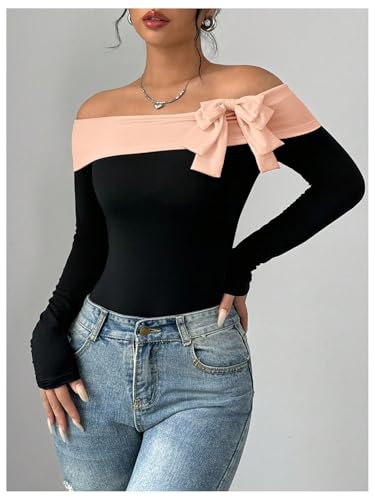Women's Colorblock Bow Tie Off Shoulder Long Sleeve Bodysuit Elegant Tops