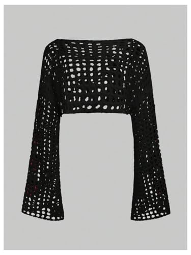 Women's Crochet Hollow Out Y2k Long Sleeve Cropped Knit Sweater Top