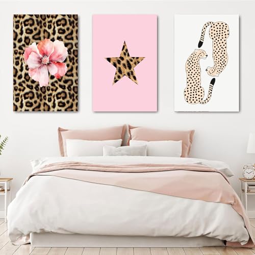 Pink Set of 3 Leopard Wall Art Prints Trendy Girly Cheetah Print Poster for Home Decor 16X24 in Unframed