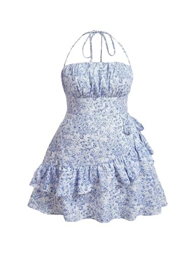 Women's Plus Size Ditsy Floral Print Halter Neck Summer Cami Mini Dress