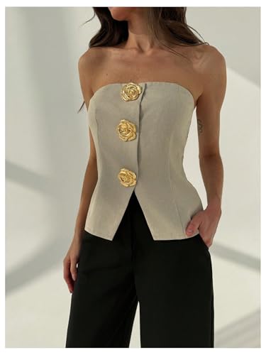 Women's Flower Metallic Sleeveless Bandeau Split Hem Strapless Tube Top